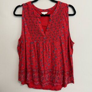 Lucky Brand red floral smocked V- neck sleeveless peasant top. Sz. XL